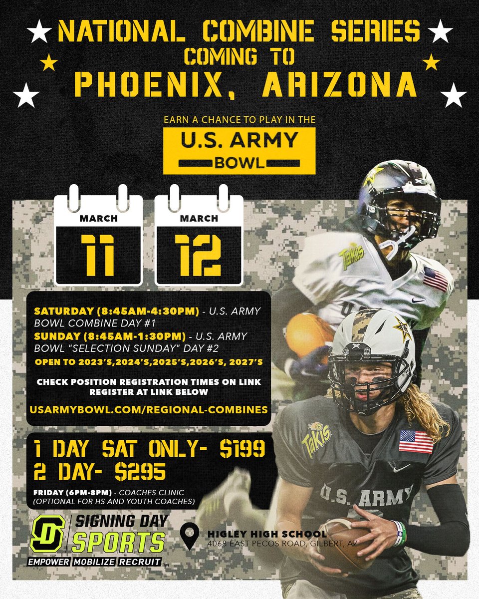 1ST OF THE NATIONAL COMBINE SERIES HEADING TO PHOENIX AZ! 
EARN A CHANCE TO PLAY IN THE U.S. ARMY BOWL IN DECEMBER!
⬇️REGISTER BELOW⬇️ 
⬇️SEE IF WE ARE COMING TO A CITY NEAR YOU⬇️
ALL VIDEO VERIFIED MEASURABLES WILL BE PROVIDED FROM THE COMBINE <a href="/SDSports/">Signing Day Sports</a>

usarmybowl.com/regional-combi…