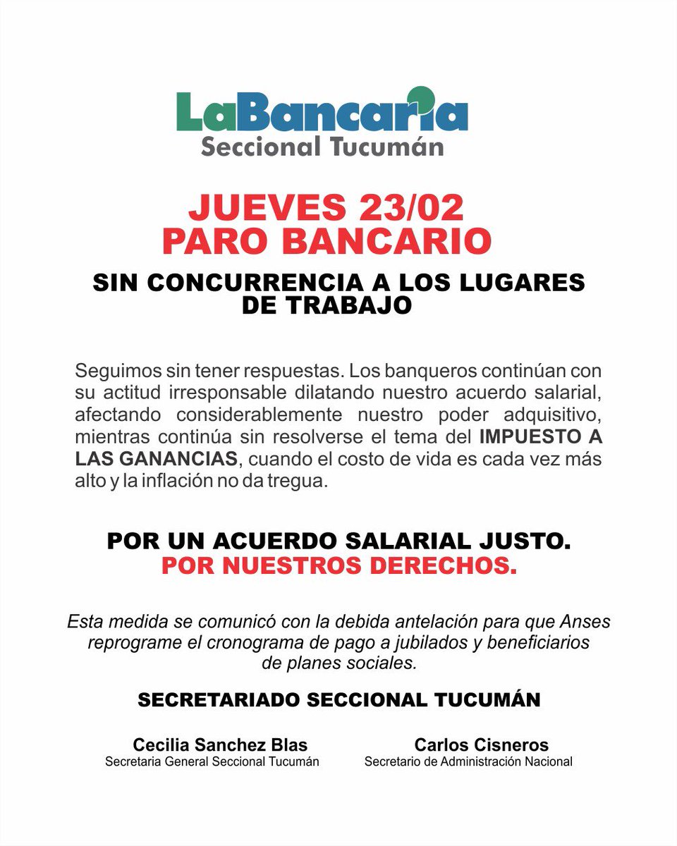 BancariaTucuman's tweet photo. 23 DE FEBRERO
PARO BANCARIO 

SIN CONCURRENCIA A LOS LUGARES DE TRABAJO https://t.co/VWEgXXtFAU
