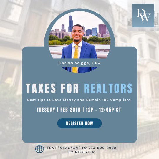 WiggsCPA's tweet photo. !!Attention Realtors!!

On Feb 28th we will be hosting a virtual event for Realtors @12pm CST. If you are interested or know someone who wants to learn more about tax compliance regulations for Realtors please RSVP!

https://t.co/OKMoYOb0dZ https://t.co/GE0vd65Xh5