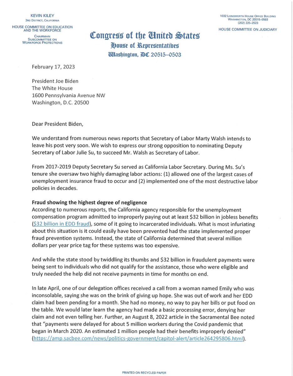 KevinKileyCA's tweet photo. We are urging President Biden not to nominate Julie Su for Secretary of Labor. Her tenure in the Newsom Administration was a disaster. https://t.co/DKHUoWwPMh