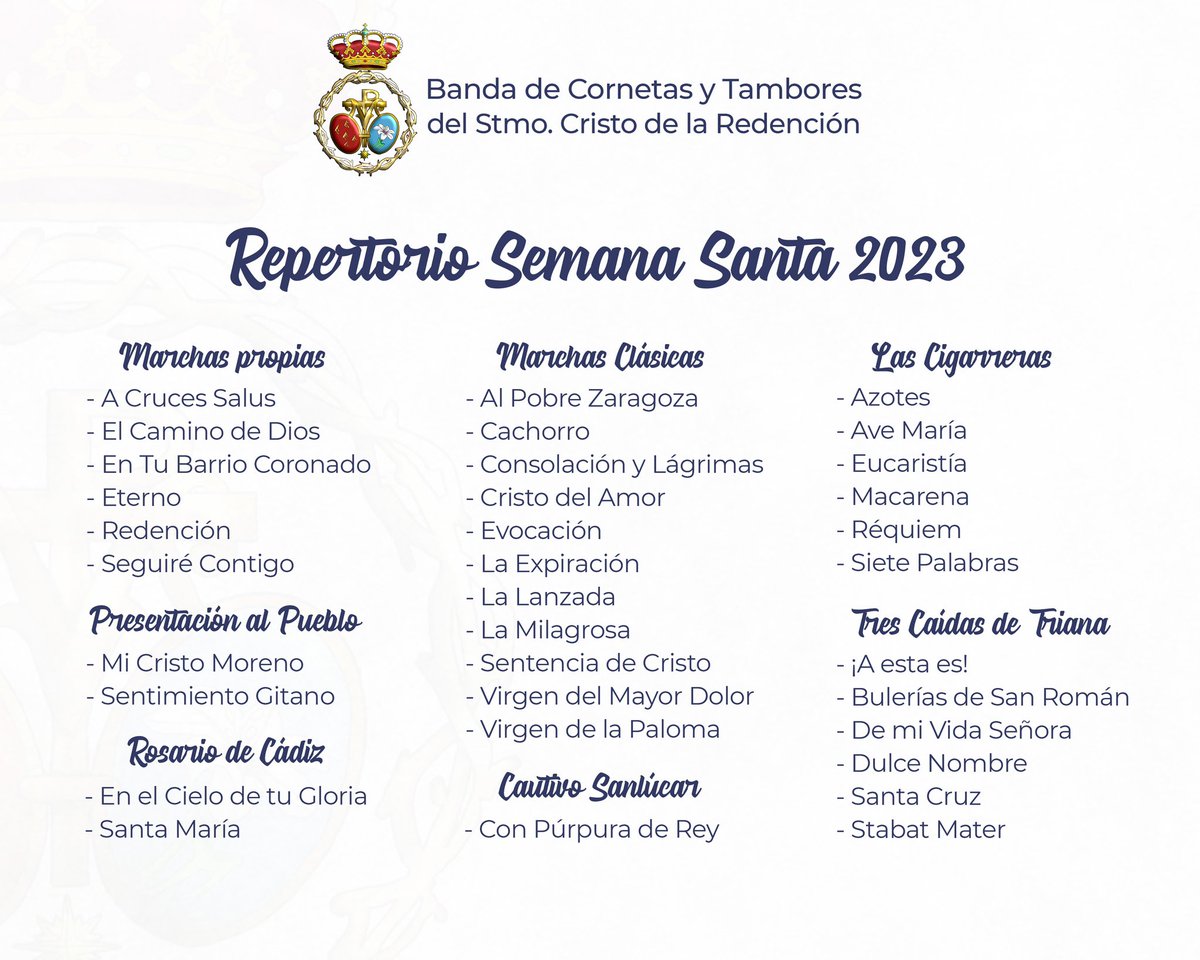 Semana Santa 2023 || 

Nuestra formación tiene definido su repertorio 🎺🥁 para los próximos compromisos y Semana Santa. 

#sonesredentores