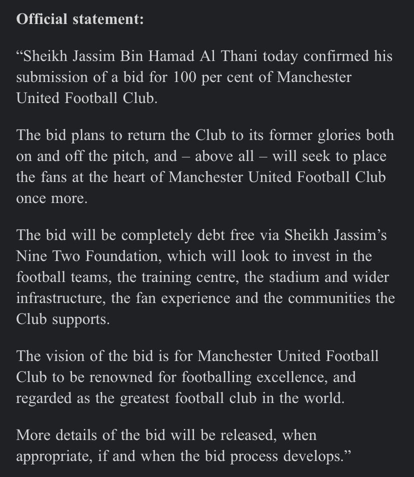 samuelluckhurst's tweet image. Official statement confirming Sheikh Jassim Bin Hamad Al Thani’s submission of a bid for to buy Manchester United #mufc