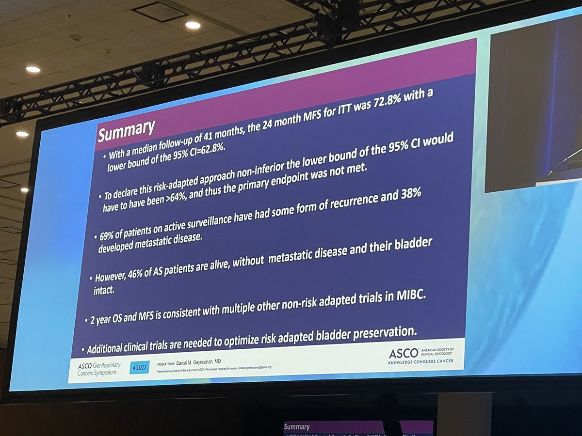 Thought provoking data from the RETAIN study by Dan Geynisman of Fox Chase. Despite not meeting primary endpoint, approaches to bladder preservation should be explored further. #ASCOGU23 @ASCO @OncoAlert