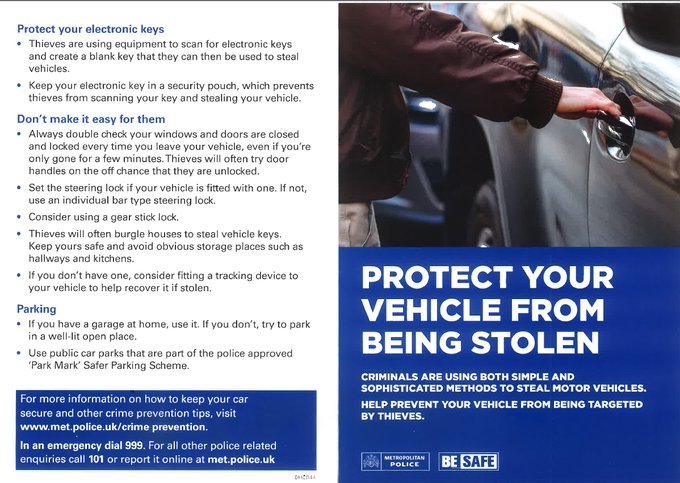MPSBrunswickPk's tweet photo. There has been spats of vehicle thefts in the recent days in our ward, residents please make sure you keep your vehicle protected at all times. https://t.co/Ls6zJCHXib