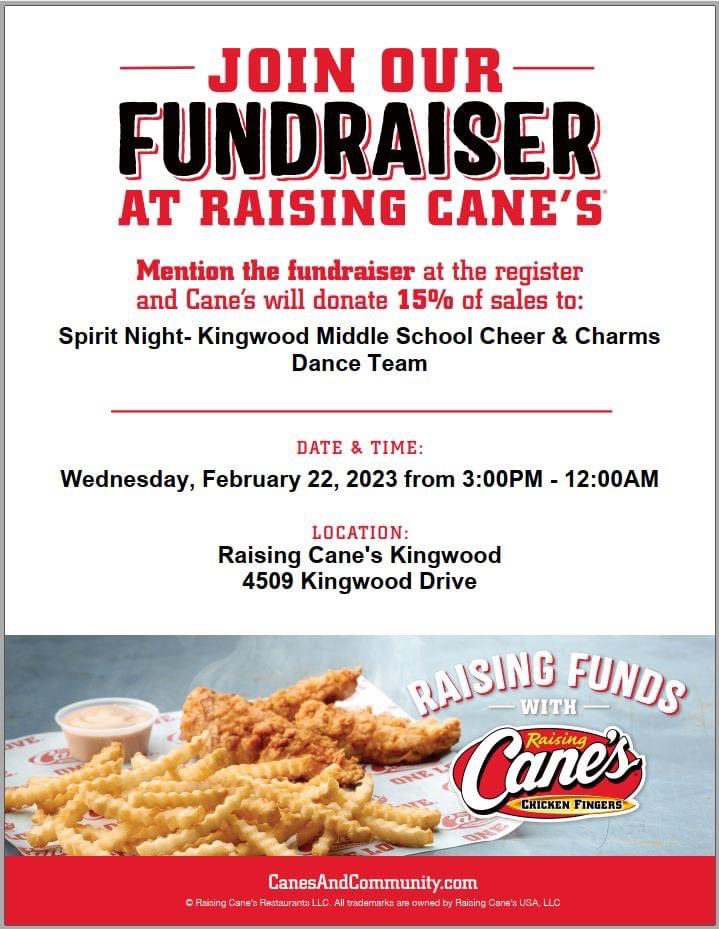 kms_club's tweet photo. Mark those calendars! We are having a Spirit Night a Raising Cane's. Get some tasty food and help our #KMSCheer and #KMSCharms at the same time. It's all Happening Wednesday Feb. 22nd. 3pm-12am @DanceKms @HumbleISD_KMS @kmscougarcheer #KMSCougarPride https://t.co/p430PA5eVV