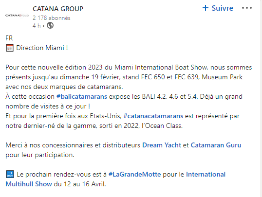 chris28623042's tweet image. News #catana 
À cette occasion #balicatamaran expose les BALI 4.2, 4.6, 5.4. Déjà un grand nombre de visites à ce jour !
Pour la 1ère fois aux 🇺🇸, #catanacatamaran est représenté par notre dernier-né de la gamme, l’Ocean Class
#boats #sailing #business #industry #France