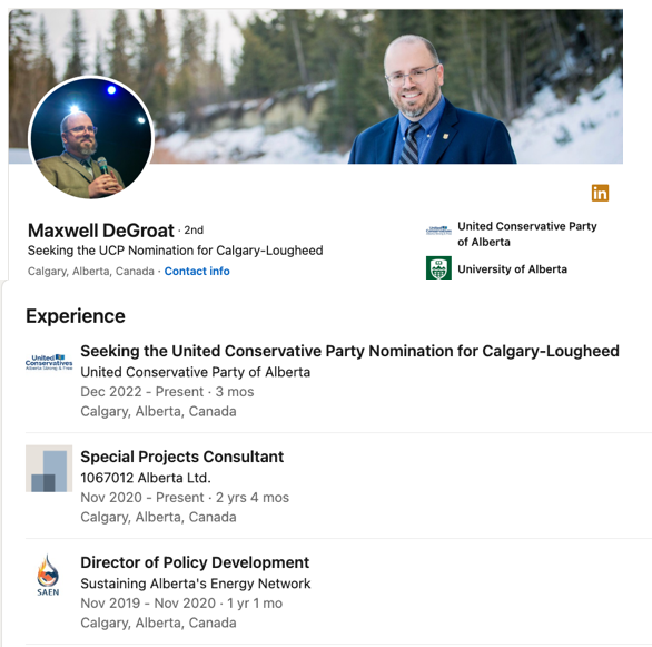 trentjohnsen's tweet photo. Another member of Danielle Smith's #RStarscam lobbying team, Maxwell DeGroat. Worked at #SAEN for Kinnear on #RStar - now CFO for @Alberta_UCP & seeking #UCP nomination for #YYC Lougheed. These people want to transfer $20 BILLION of taxpayers money to oil companies #abpoli #ableg https://t.co/kNGL0GeQGK