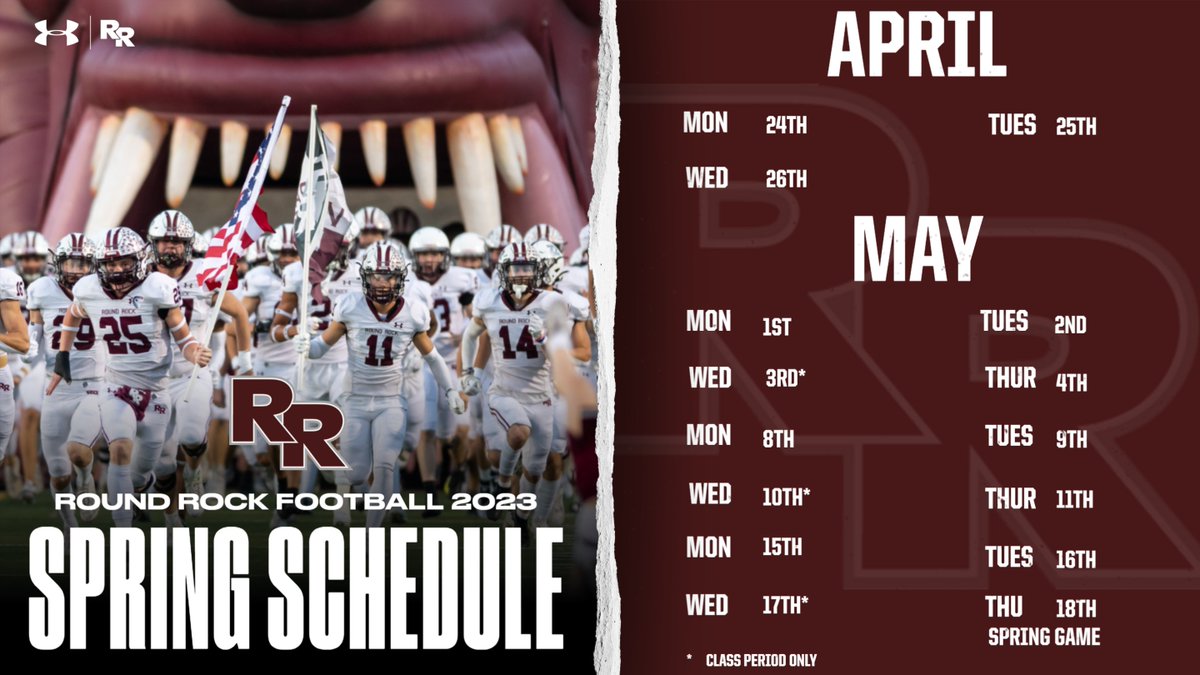 Attached is our 2023 Spring Football Calendar. We are excited to begin building for next season! 

3rd/7th Period Athletes: all morning practices will have class period practice as well
1st/5th Period Athletes: same dates but class period only

 Spring Game - May 18th