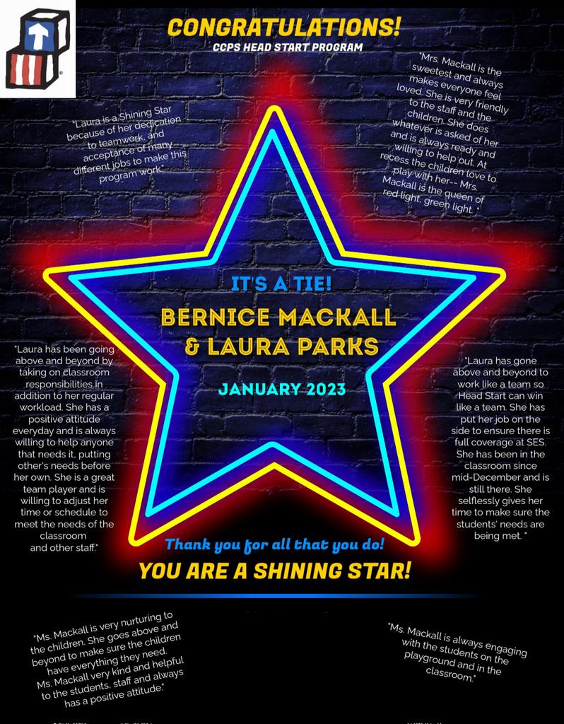 CCPS_Headstart's tweet image. Each month, our staff votes on a Shining Star Staff Member of the Month. A Shining Star is someone who is or demonstrates being:
Selfless
Helpful
Improved work ethics
Nurturing
Interpersonal skills
Nice to others
Gentle to others
Safe
Teamwork
Attitude
Respect
Strong advocate