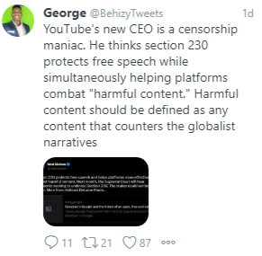 BadSec230Takes's tweet photo. One more before the weekend: #Section230 does protect free speech online, including your bad take here, sir. It also helps platforms take down harmful content. No, not that globalist narrative nonsense - more like terrorist beheading vids and worse you never see. h/t @AloeVapor https://t.co/Vp4WIYS5Bs