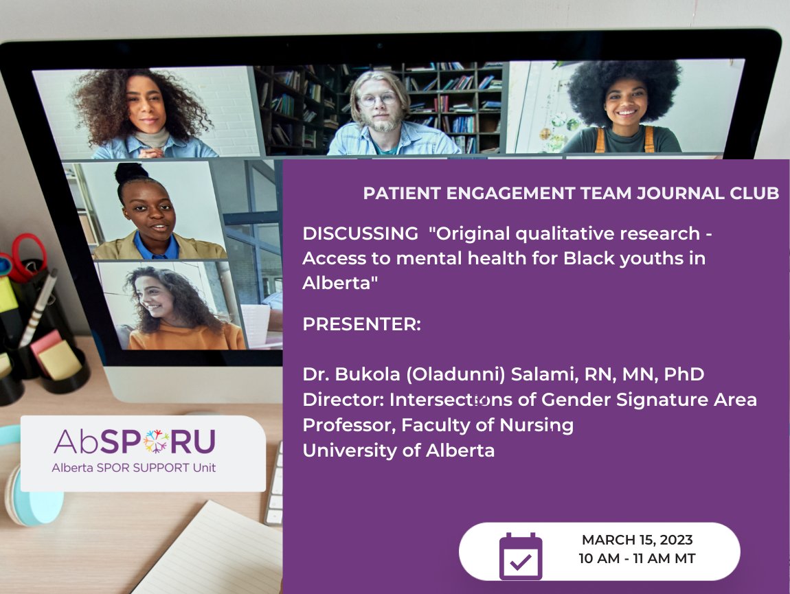 We are so excited to have <a href="/BukolaKSalami/">Bukola Salami</a> as our speaker next month for our AbSPORU PE Team Journal Club. We will examine the barriers that influence access to and use of mental health services by Black youths in Alberta. Register here: bit.ly/3k8Hl8m
