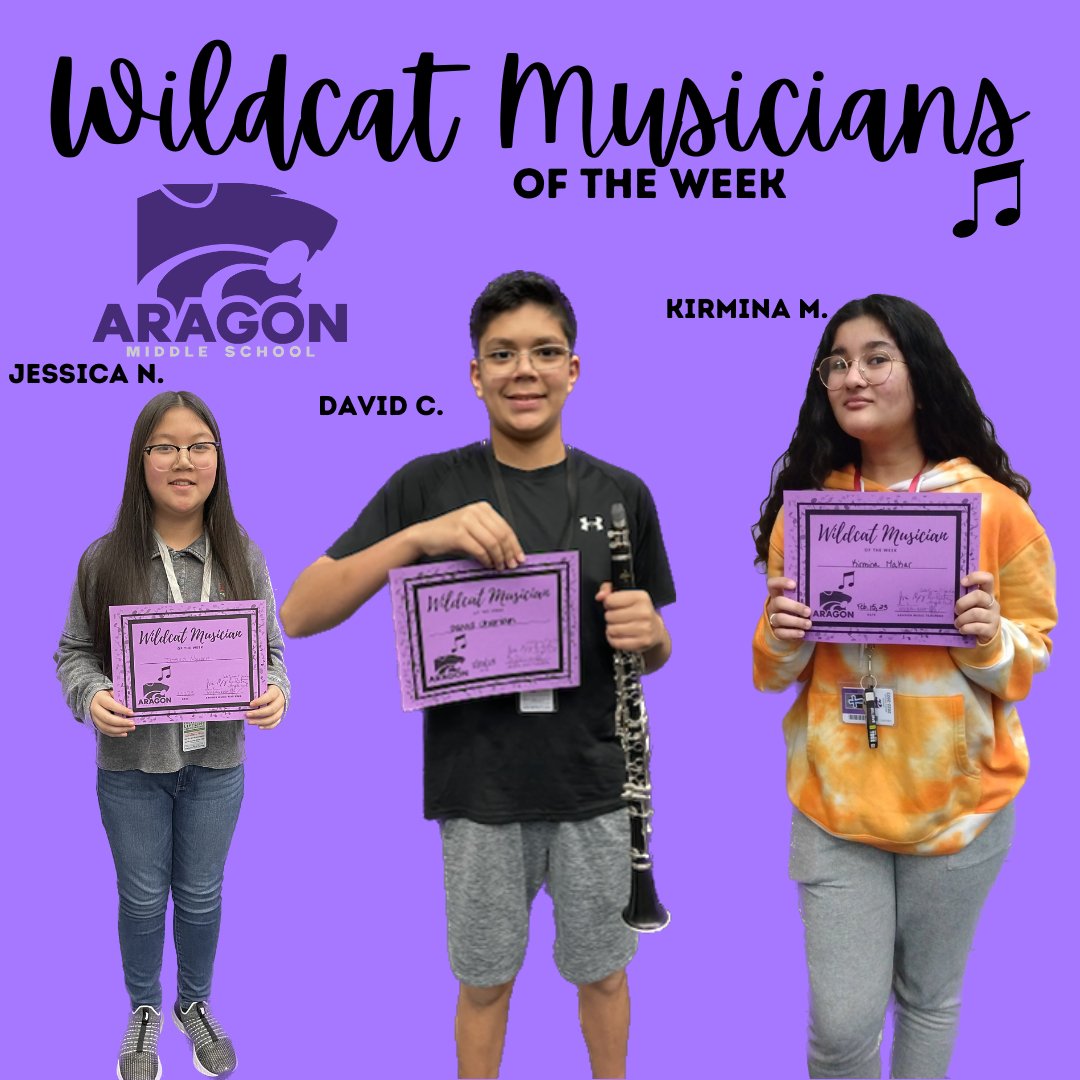 AragonWildcats's tweet photo. Our Wildcat Musicians keep our school rocking and rolling - congrats to our #WildcatMusiciansOfTheWeek Jessica, David, and Kirmina! Thank you for your #WildcatExcellence https://t.co/wfbK4JsM6A