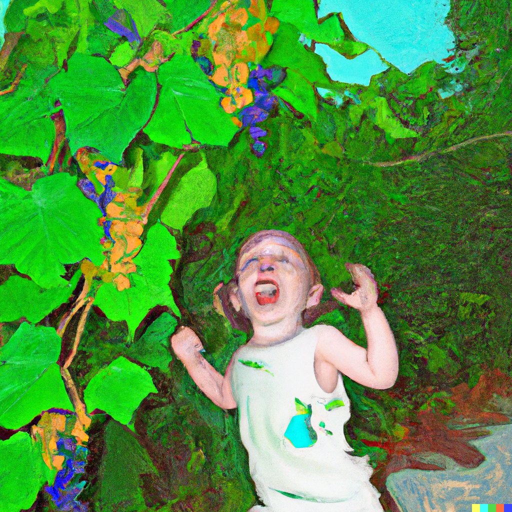Trying to come up with a good visual image for why vines need enough "sinks" to funnel energy for balance.

I gave Dalle AI the prompt "Digital art of a toddler on a sugar rush going crazy next to a leafy grapevine with a large canopy" 

Think I need a different metaphor...
