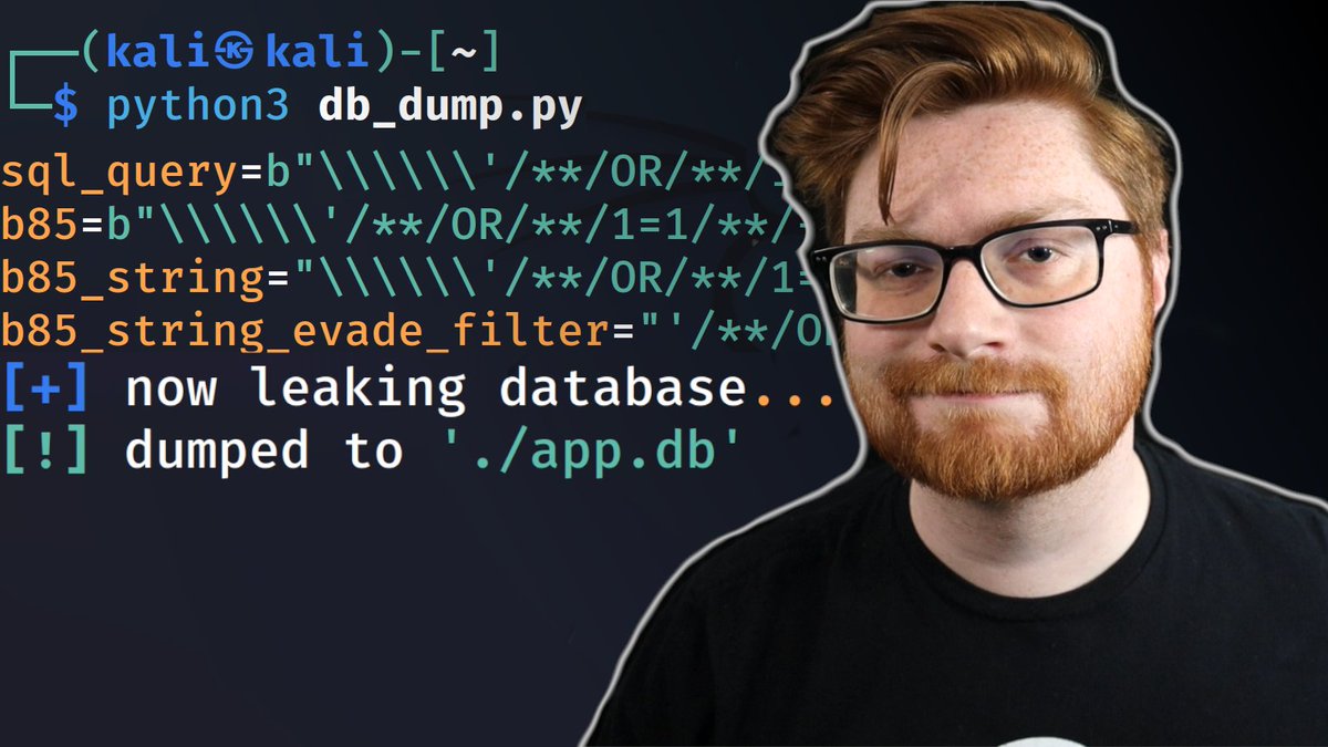 _JohnHammond's tweet photo. Walkthrough of a recent CTF challenge, where we do some SQLite injection with some filter evasions and work around some oddball regular expression replacements! We write scrappy Python code to validate our payload and fire it off. https://t.co/V1XczLL1dH https://t.co/RHhsg3JLzv