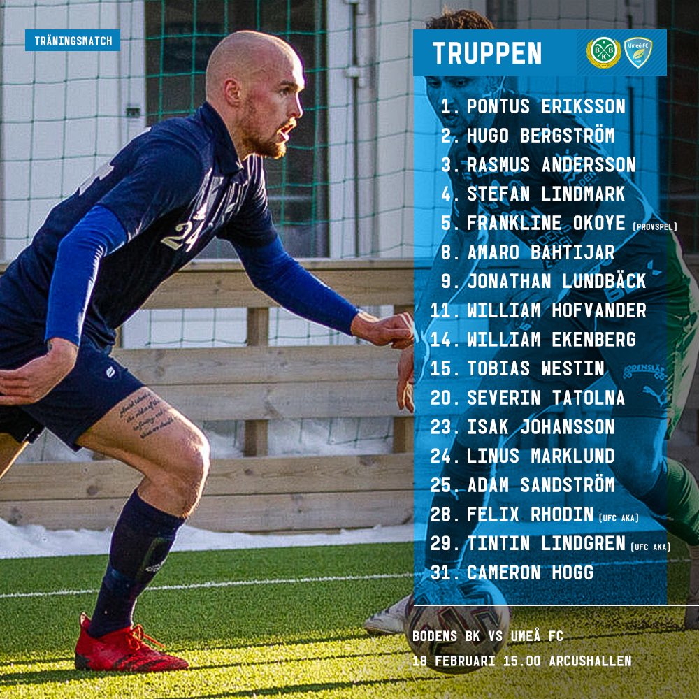 UmeaFC's tweet photo. Truppen mot Boden 📋

Mittbacken Frankline Okoye, senast i FF Jaro, har provspelat med Umeå FC i veckan och är även uttagen till lördagens match.

#BBKUFC #FörUmeå https://t.co/7iAHLonEJW
