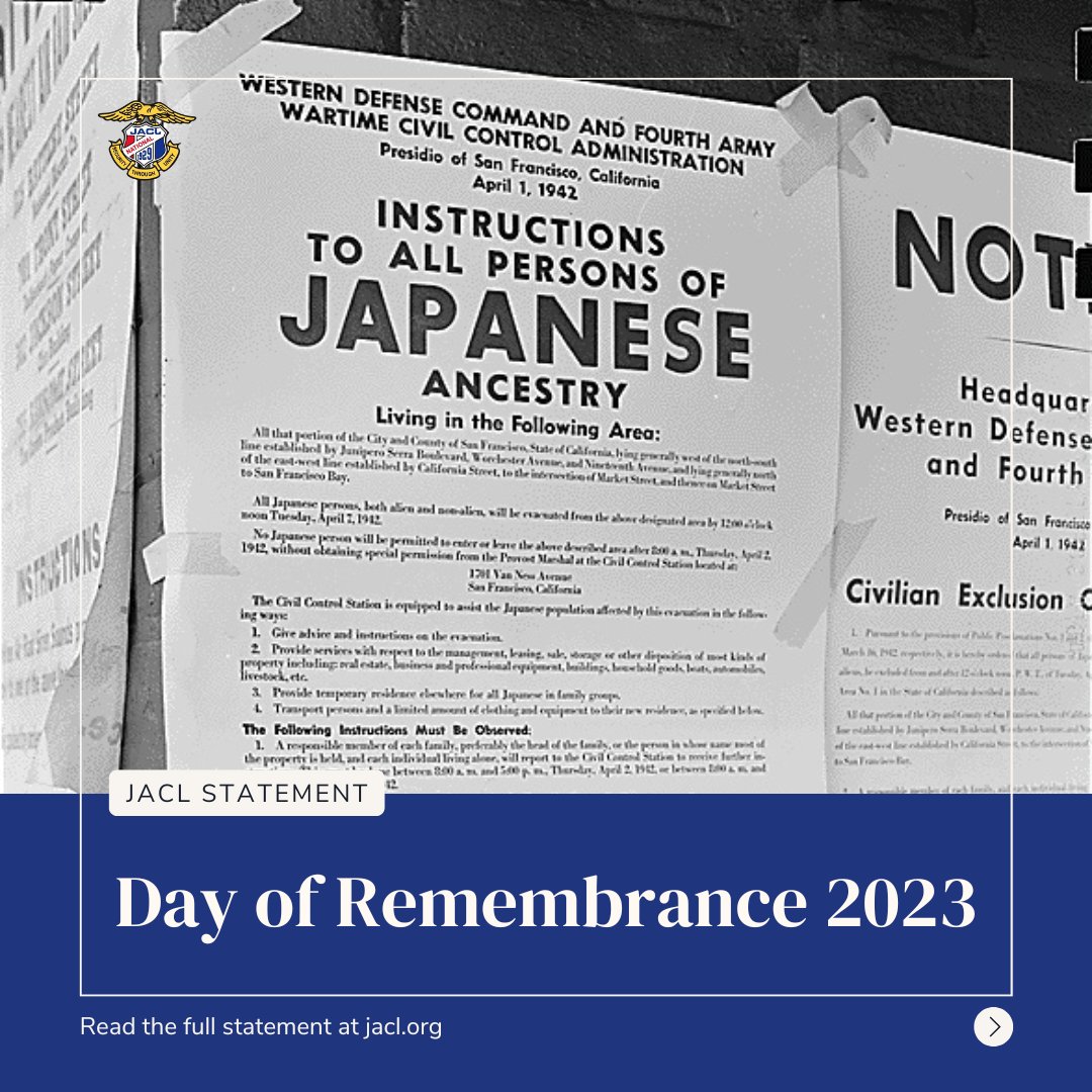 The Japanese American community recognizes Feb. 19th as Day of Remembrance, a time when we honor and remember the impacts of Executive Order 9066 on not only those 120,000 former incarcerees but also on their descendants.  Read our full DOR statement here: jacl.org/statements/day…