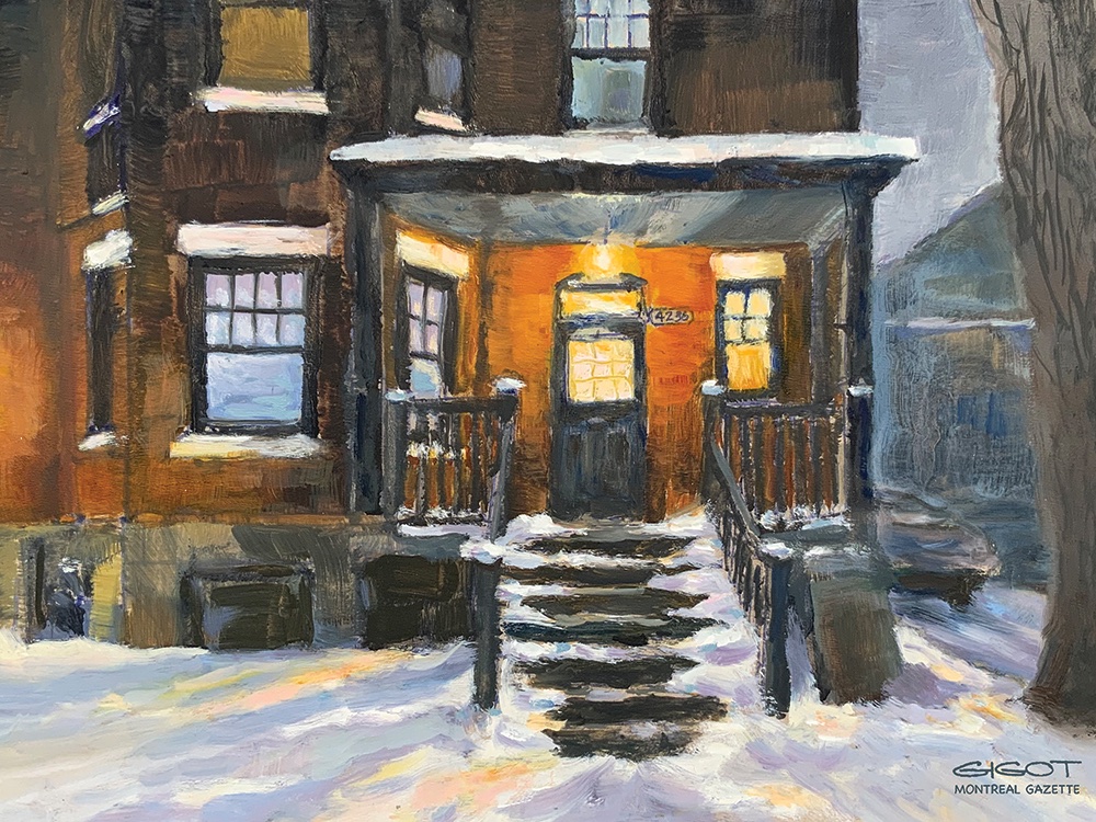 Pic du jour: My wife Mary's gorgeous GIGOT painting – an NDG house in early winter evening – that will appear on the #MontrealGazette editorial page this Saturday (tomorrow).