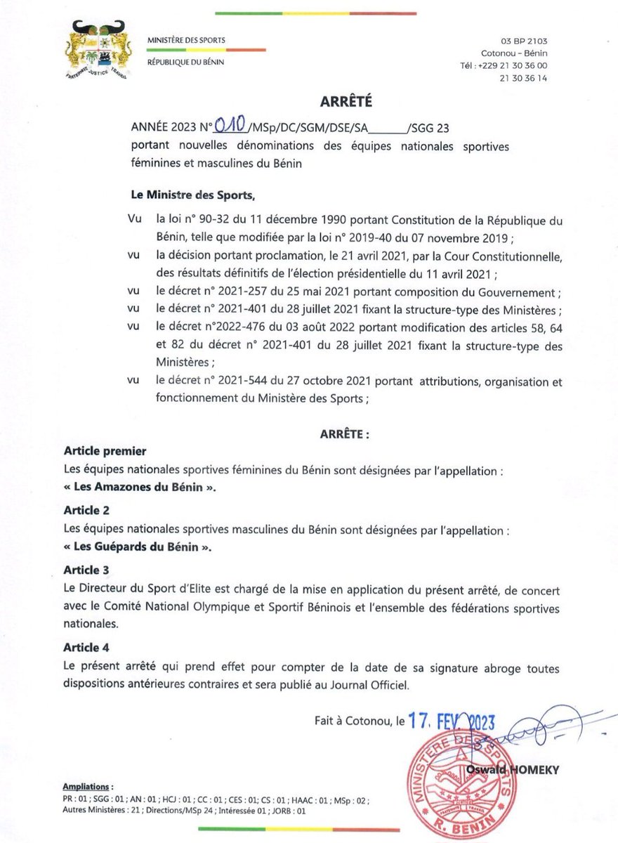 gouvbenin's tweet photo. 🚨 Arrêté ministériel Année 2023 N°010/MSp/DC/SGM/DSE/SA/SGG 23 portant nouvelles dénominations des équipes nationales sportives féminines et masculines du Bénin. 

▶️ Les équipes nationales sportives féminines du Bénin sont désignées par l'appellation : « Les Amazones du Bénin» https://t.co/ZTt02mYPUN