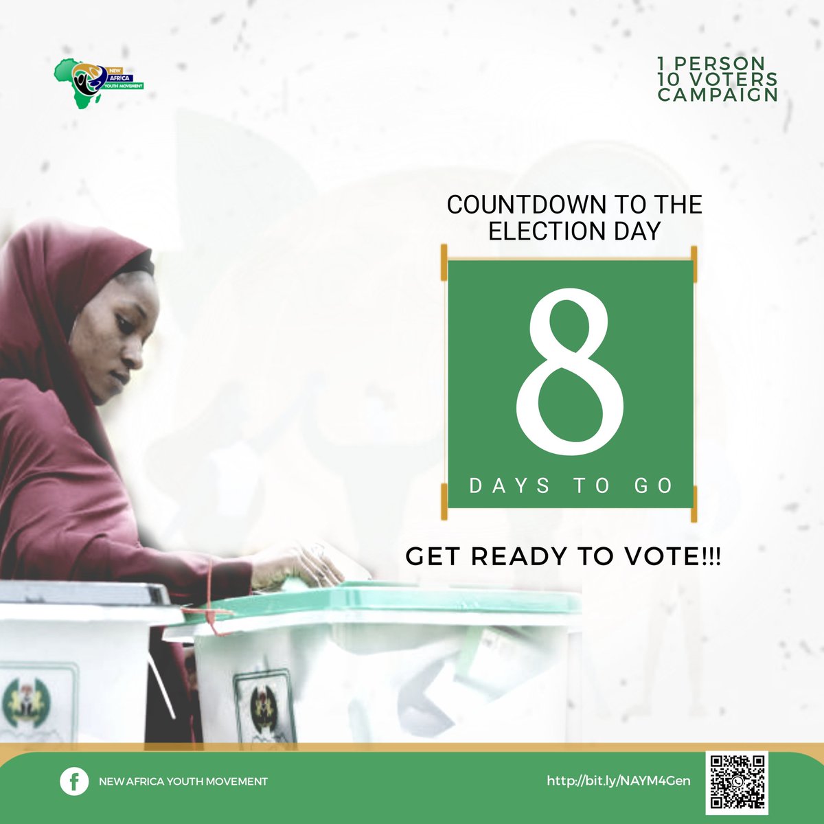 NAY_Movement's tweet photo. 8 days until the Presidential and National Assembly elections.
Make a commitment to follow up on 10 others in your circle to come out and vote. Our vote is our voice.
#Naym
#NigeriaDecides
#YourVotesCount https://t.co/ne1vh0yjEm