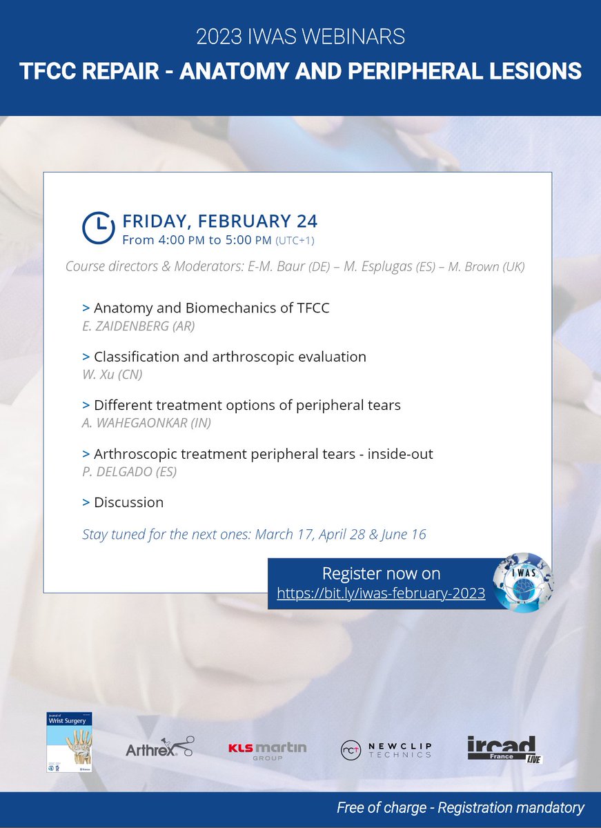IWAS_Wrist's tweet photo. TFCC REPAIR - ANATOMY &amp; PERIPHERAL LESIONS

Friday 24 February @ 1600-1700 UTC+1

Register now! https://t.co/KGCn5LIvHg https://t.co/Mph51dgr94