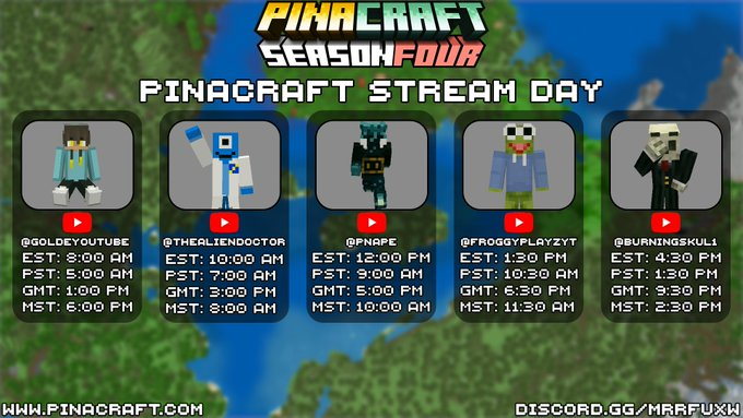 GoldeYoutube's tweet photo. Make sure to tune in tomorrow for PinaCraft's first ever stream day! We'll be going first, before
@TheAlienDoctor. See Schedule below! https://t.co/slKvnsgiCD
#YouTube #Minecraft #MinecraftContentCreator #SmallContentCreator #Livestream #PinacraftS4 https://t.co/vUAG6Xn40Y