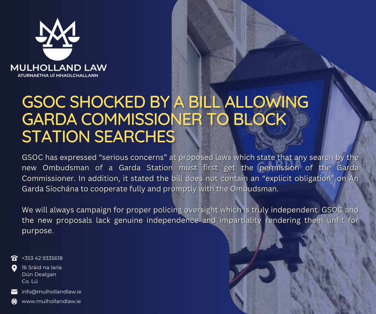 GSOC has expressed “serious concerns” at proposed laws which state that any search by the new Ombudsman of a Garda Station must first get the permission of the Garda Commissioner. 

bit.ly/3YGMrHV

#GSOC #MulhollandLaw