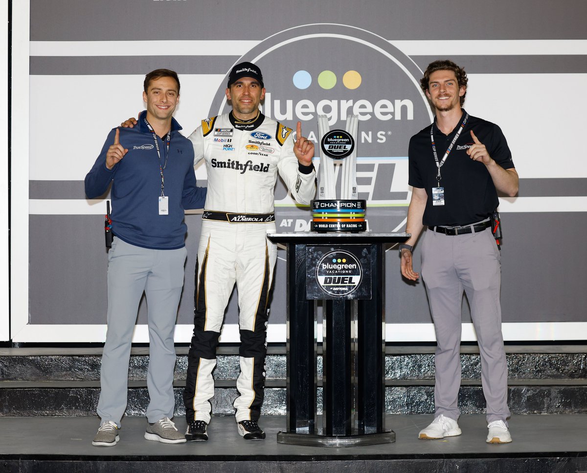 TrueSpeedPR's tweet photo. Dueling for the wins. ๐ True Speed client @Aric_Almirola won last night's second Duel at Daytona. #TeamTrueSpeed's Dakota Hunter and Chandler Murray were onsite to assist with victory lane media and capture content for the latest episode of #Beyondthe10. https://t.co/SBDsVPI6ow