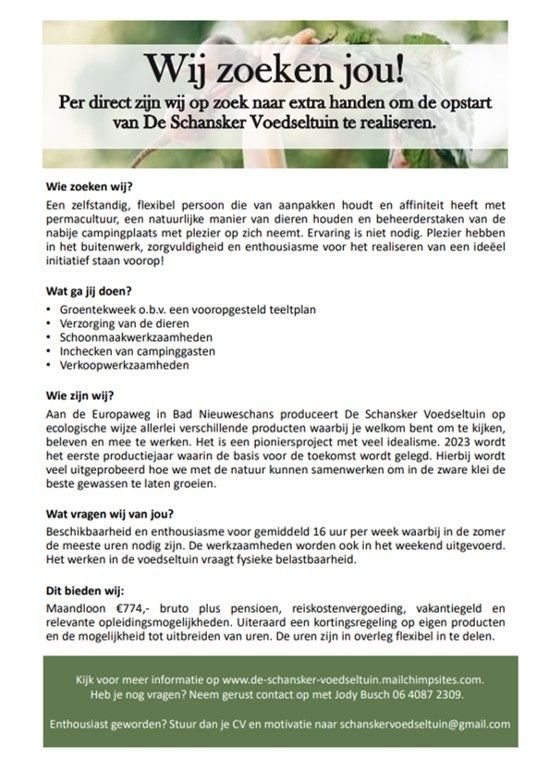 #Schansker #Voedseltuin zoekt betaalde hulp
