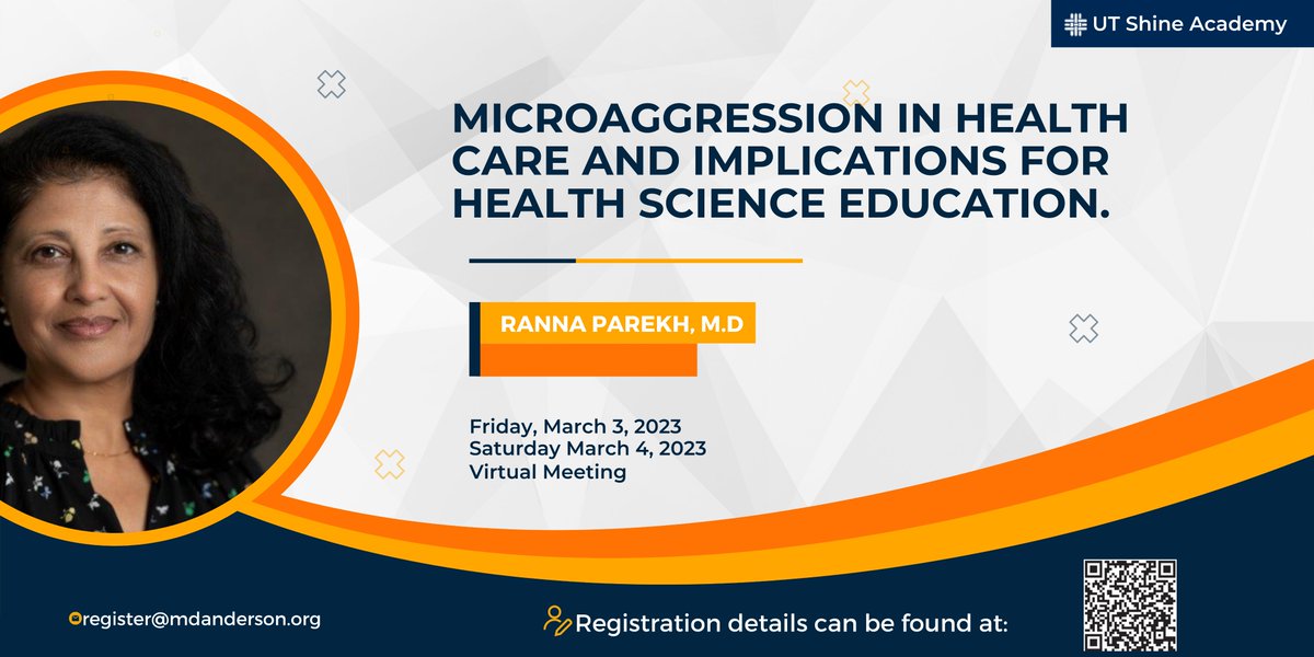 The UT Shine Academy (@utshineacademy) on Twitter photo Meet our plenary speaker, Dr. <a href="/RannaParekh/">Ranna Parekh, MD, MPH</a>,
Chief Diversity Officer and head of Diversity, Equity, and Inclusion (DEI) @MDAnderson.
Join us for the 2023 Innovation conference,
Register here:
mdanderson.cloud-cme.com/2023Innovation…
#Innovation #Healthscience
#virtual_meeting
#Education Meet our plenary speaker, Dr. <a href="/RannaParekh/">Ranna Parekh, MD, MPH</a>,
Chief Diversity Officer and head of Diversity, Equity, and Inclusion (DEI) @MDAnderson.
Join us for the 2023 Innovation conference,
Register here:
mdanderson.cloud-cme.com/2023Innovation…
#Innovation #Healthscience
#virtual_meeting
#Education