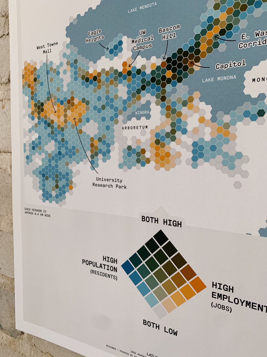 Closing the week with a bivariate map of Madison pop v employment for #MapPromptMonday (made for last year’s #30daymapchallenge, but only in digital form until printing a version last night)! 

#gischat