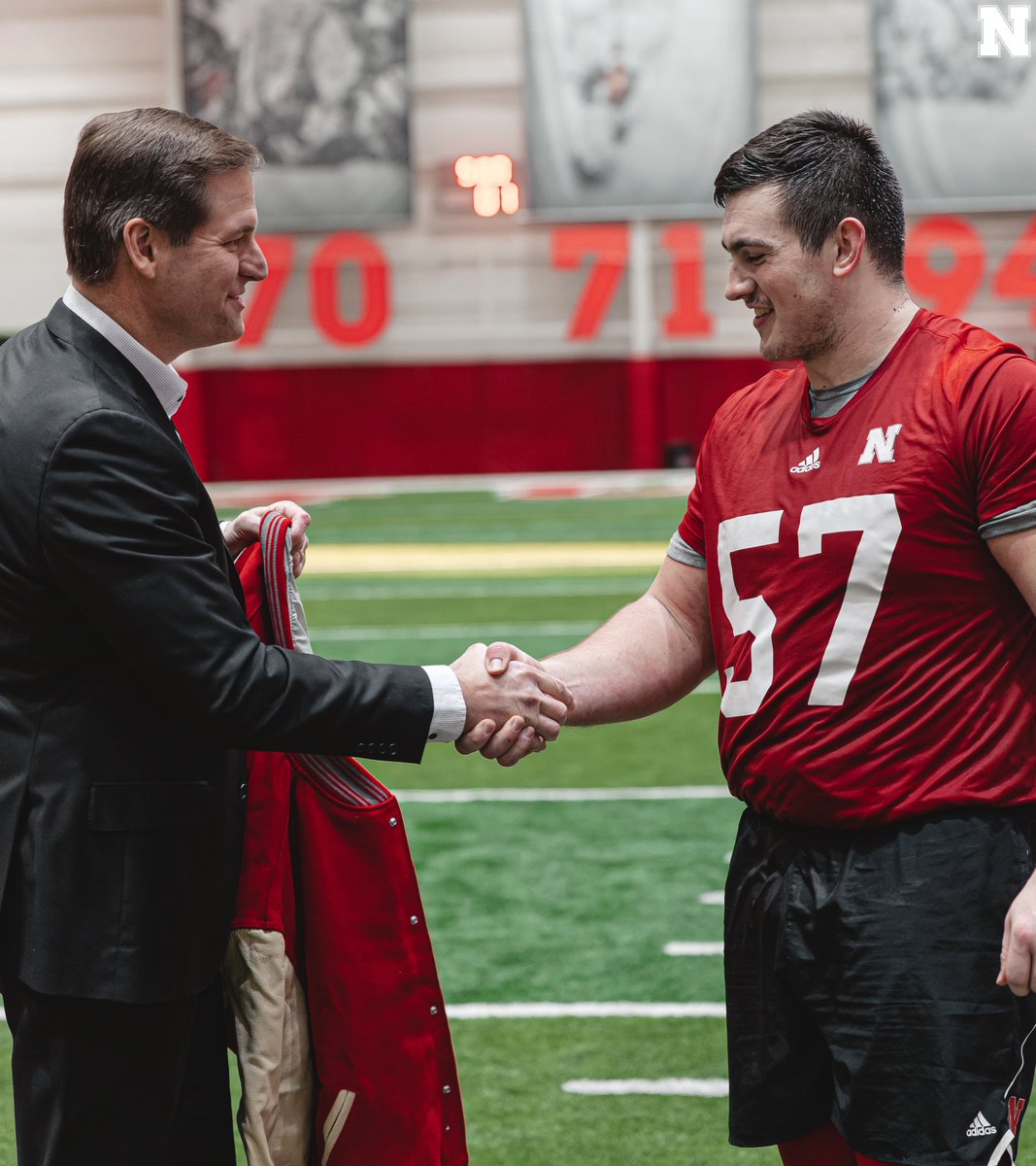 TrevAlberts's tweet photo. It’s a special honor to receive a Husker letter jacket and this morning I had the privilege of handing some out to @HuskerFBNation.

Once a Husker, always a Husker. GBR! https://t.co/UhvgPbGoTV