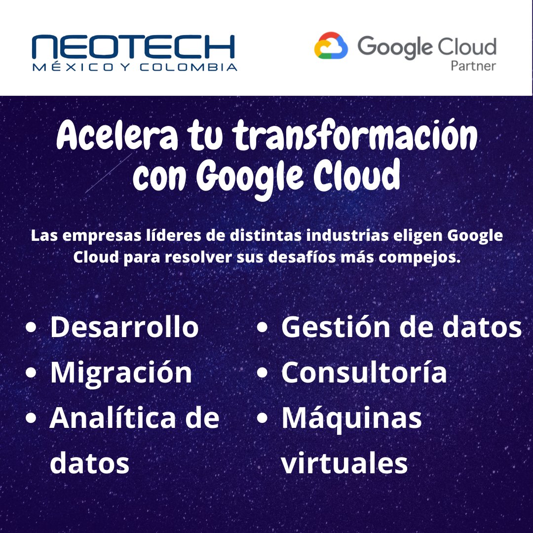 NeotechCloud's tweet photo. Acelera la transformación digital de tu empresa, en la nube mas poderosa del mundo:Google Cloud
Resolvemos desafíos tecnológicos con:
- Desarrollo de Software
- Gestión de datos
- Analítica de datos
- Máquinas virtuales
- Modelos de aprendizaje
Contáctanos:ventas@neotech.com.mx https://t.co/F6Ud4css9M