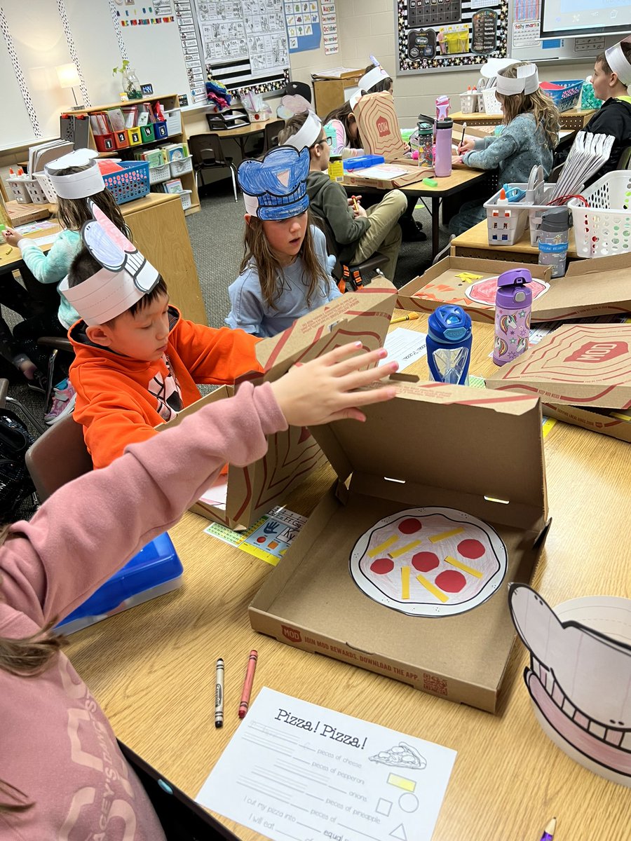 First graders have become chefs today in their own pizzarea! Sharing pizzas equally with friends, purchasing their toppings, and creating pizzas with 2D shapes. Yummy! #humbleelemmath