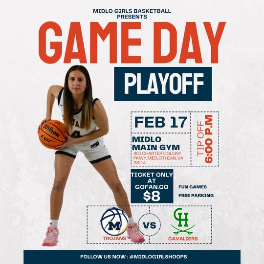 1st Round of Regionals Tonight!! Come out and support Midlo Basketball as we take on Clover Hill at Home at 6:00 P.M! Tickets on gofan.co! Go Midlo 🏀!