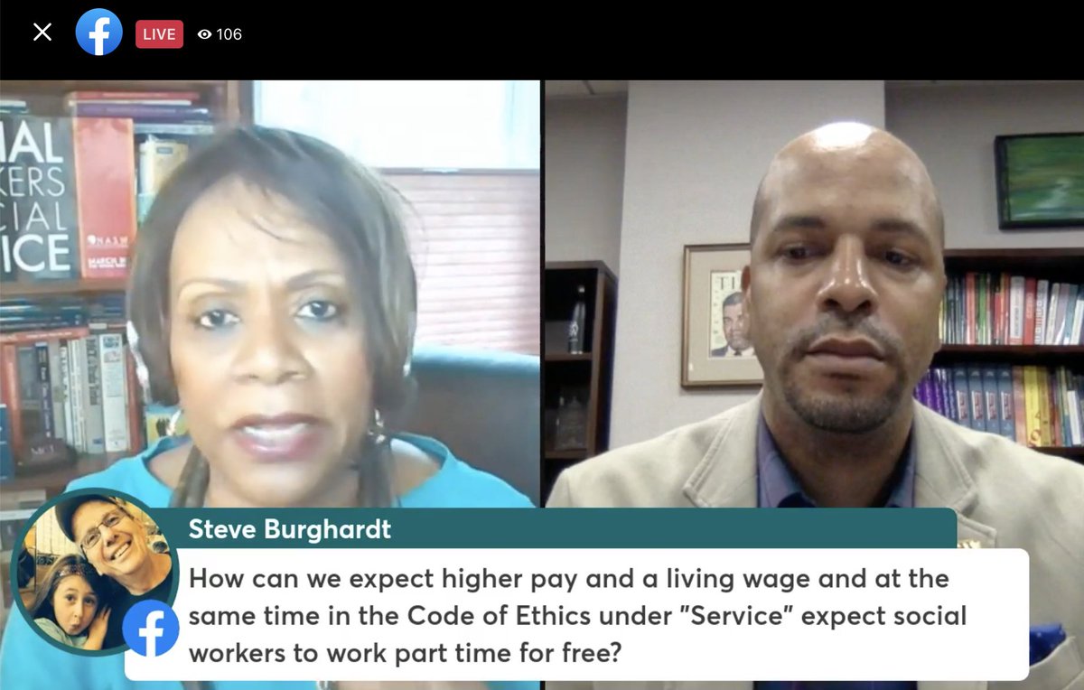 While NASW President Mit Joyner introduced new CEO, Anthony Estreet on FB live, we asked “How can we expect higher pay and a living wage and at the same time in the Code of Ethics under “Service” expect social workers to work part time for free?' We expect a detailed response!