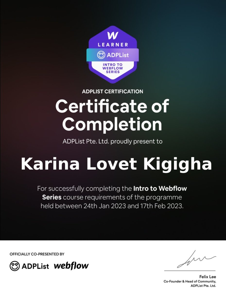 karina_lovet's tweet photo. I'm officially @webflow certified 😊... I can't wait to improve on my skills and take on more interesting tasks.

Thank you so much @ADPList @felixleezd  @jmsbaduor @mcguirebrannon @grimurgrimsson @thepixelgeek

#WebflowWithADPList https://t.co/D7MgSmFADu