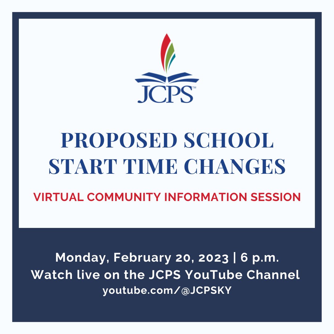 💻 INFORMATION SESSION | Join us for a virtual Community Information Session on Monday, February 20, at 6 p.m. to learn more about the proposed school start time changes.

Participants will be able to submit questions via text. #WeAreJCPS #JCPSStartSmart