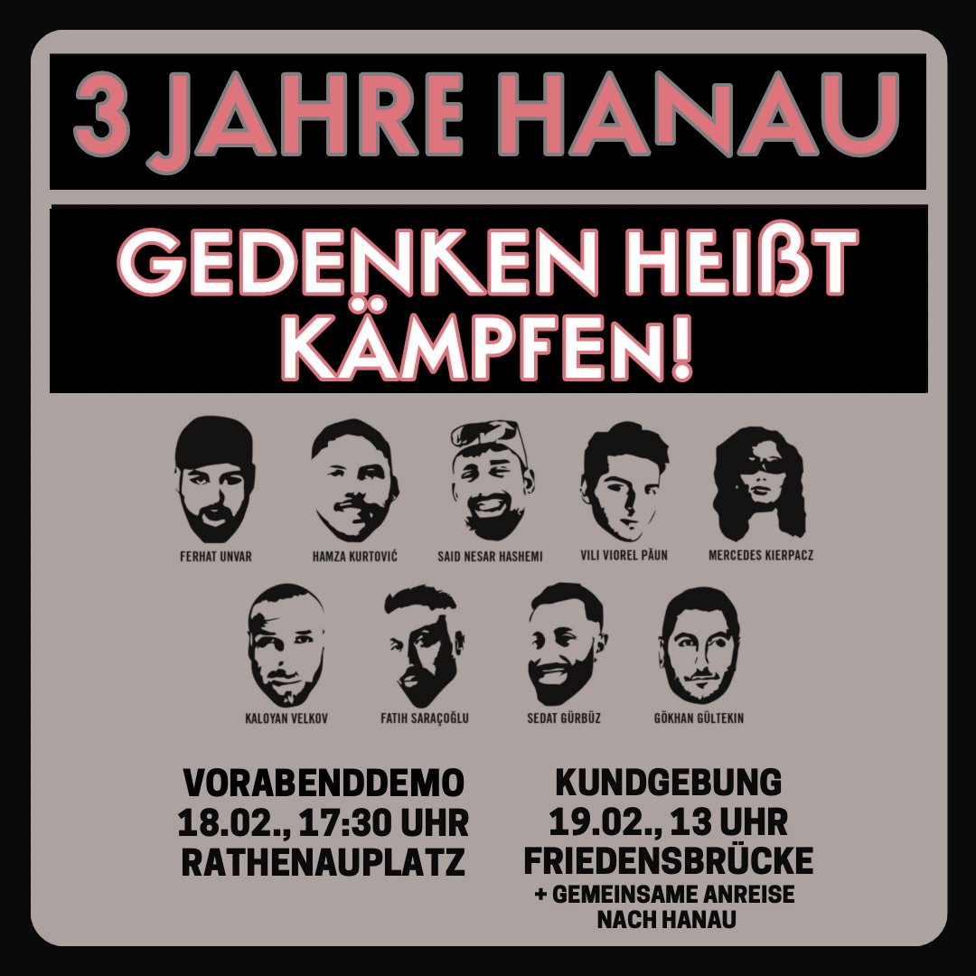 Morgen vor drei Jahren ermordete der rechtsextreme Tobias R. neun Menschen in #Hanau. 
Um unserer Wut und Trauer über die Geschehnisse weiterhin kollektiv Ausdruck zu verleihen rufen wir dazu auf, sich am WE an den Demos in Frankfurt und Hanau zu beteiligen!