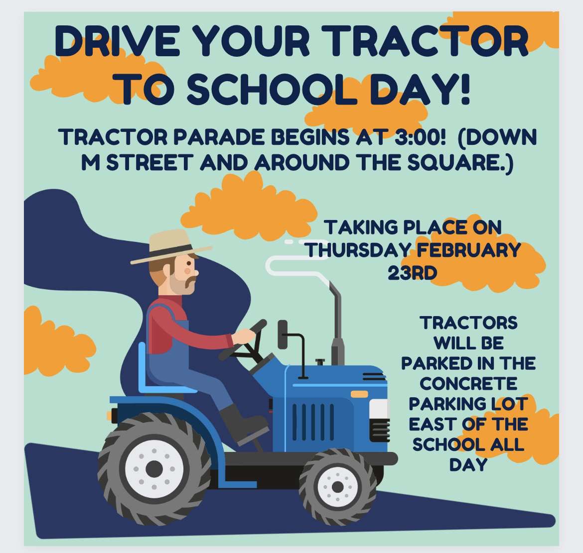 ⚠️ATTENTION⚠️ The FFA Tractor parade will take place on THURSDAY (feb.  23) this year and not Friday due to our our CDE contest taking place on Friday. PLEASE help spread the word!! We hope to see you there!!