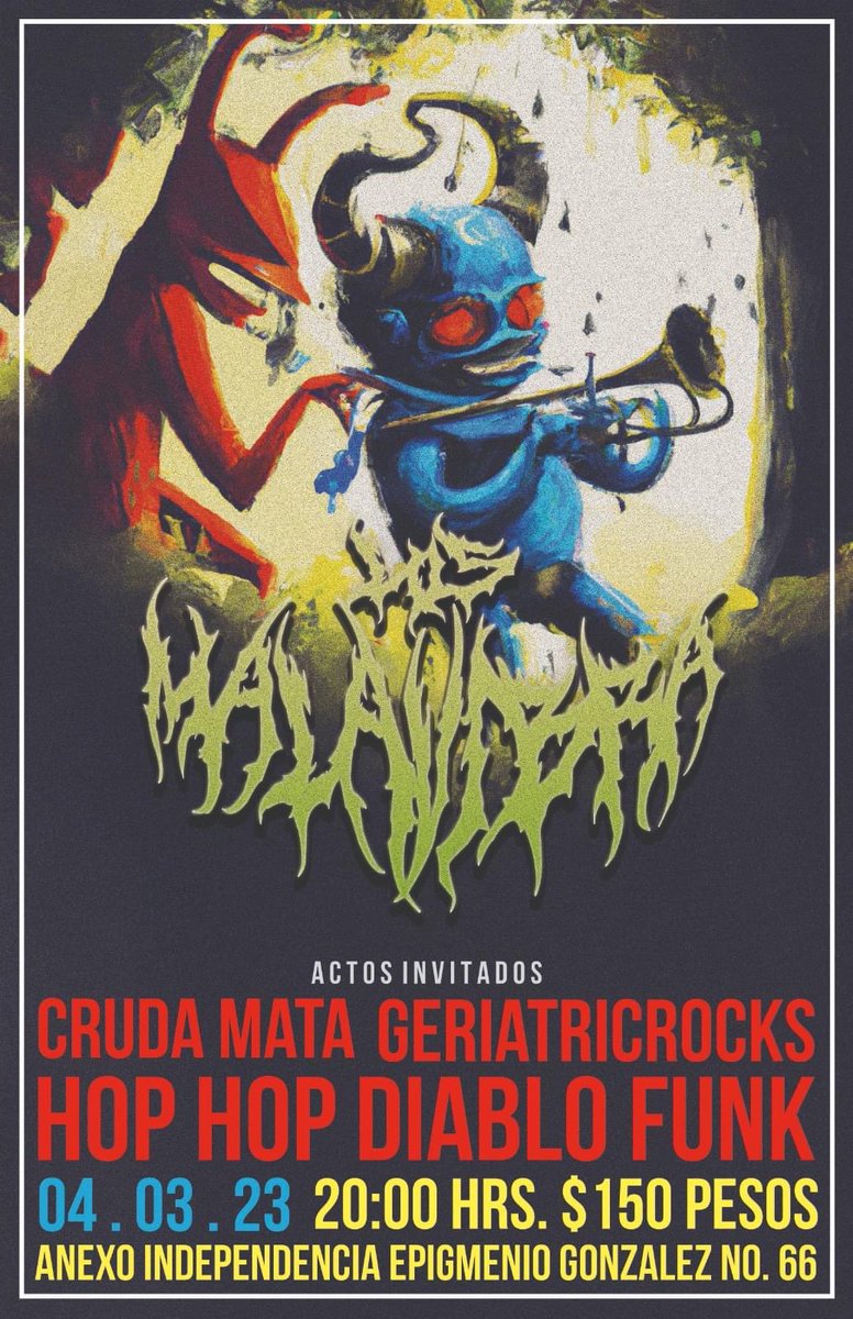 Nos vemos este 04 de Marzo junto a los Los Malavibra, GeriatricRocks GRS, Hop Hop Diablo Funk
Los queremos ver este 2023 para tomarnos las que nos debemos y ver si nos da ☠️Crüda Mäta☠️!
