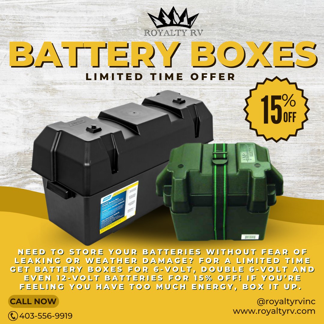 RVNation_Canada's tweet image. Need to store your batteries without fear of leaking or weather damage? For a limited time get battery boxes for 6-volt, double 6-volt and even 12-volt batteries for 15% off! If you’re feeling you have too much energy, box it up. 
#royaltyrv #batteryboxes #parts #protection