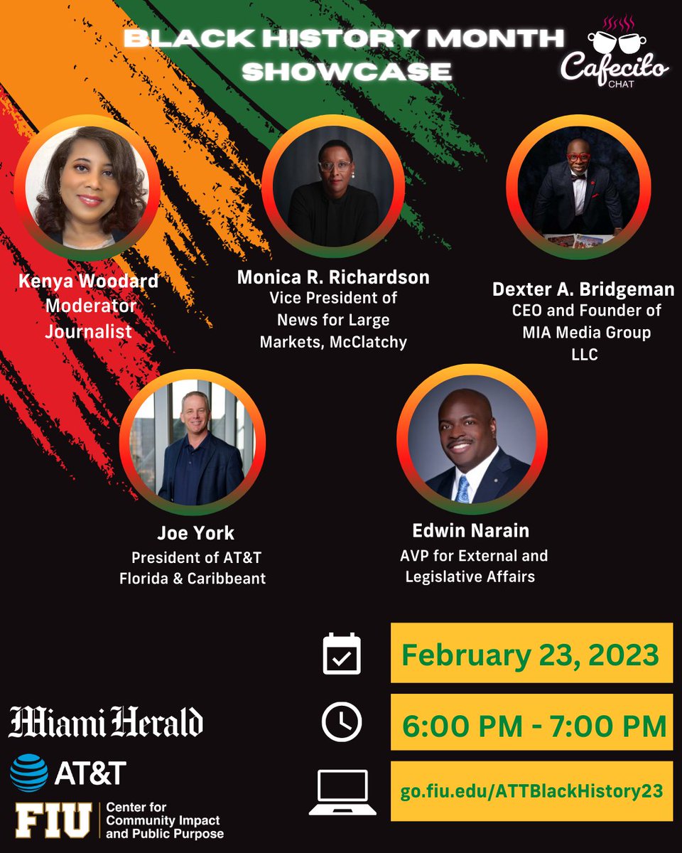 FIUCommunity's tweet photo. In honor of Black History Month, this showcase will shed light on Florida's diversity and the contributions made in our communities by these leaders. 😁 
Join us as we honor, recognize, and talk to these trailblazing panelists! ✨
To RSVP please visit: https://t.co/wJ8io3xqNq ⬅️ https://t.co/n42EvDsi6D