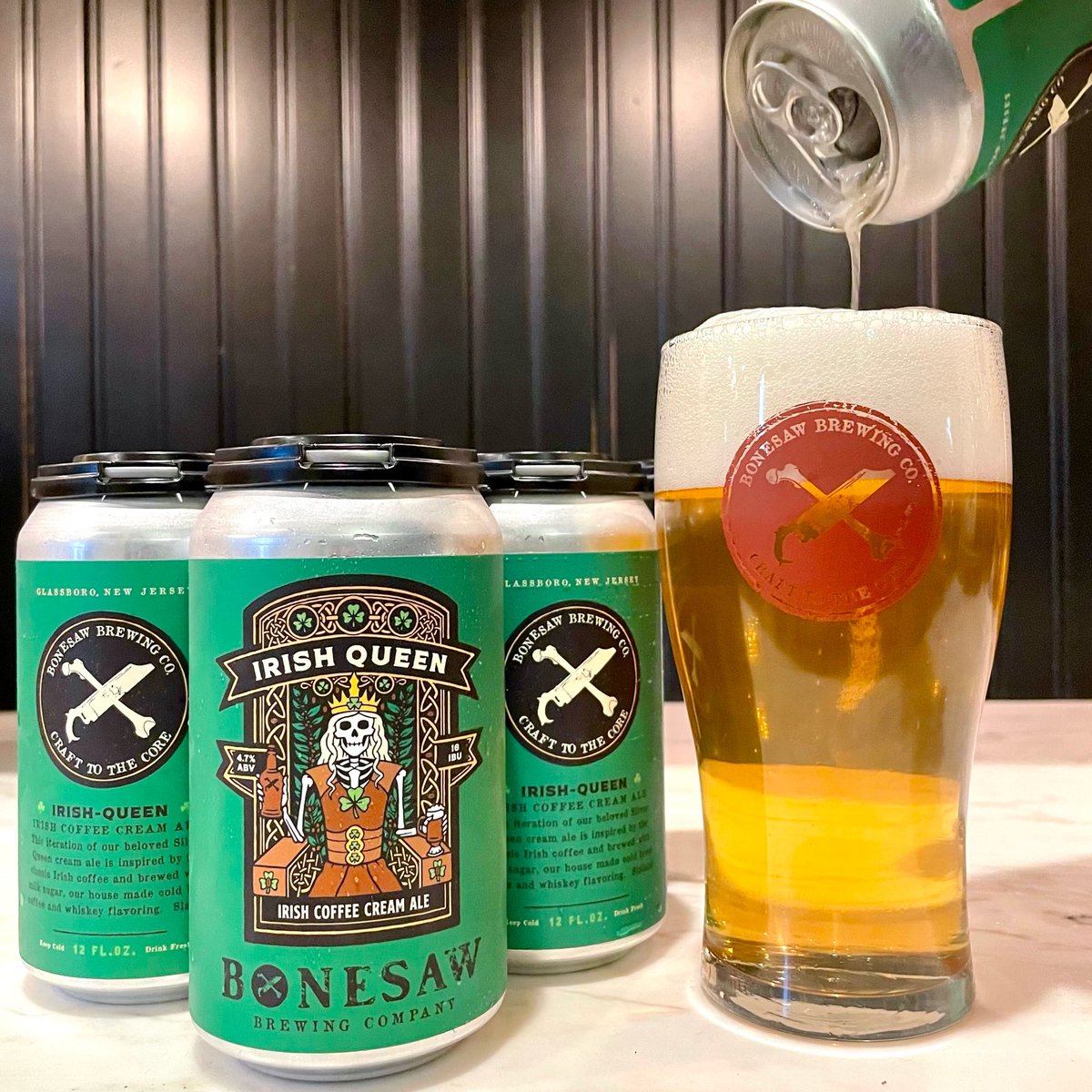BonesawBrewing's tweet image. Our beloved Irish Queen is BACK today on draft and in 6-packs to go! Come get your Irish on - we’re pouring in the taproom until 11 and our Lager Loft is open to the public tonight (Fri only) from 6-10. Cheers! #irishbeer #drinkcraft #craftcans #njbeer