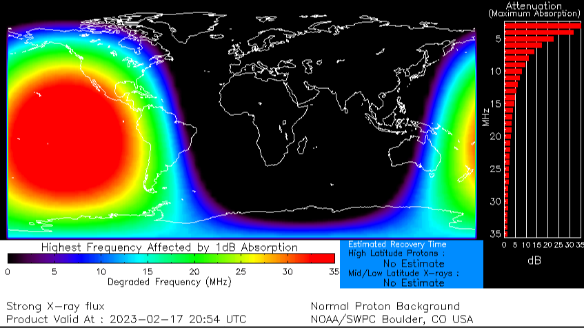 KB9RLW's tweet photo. We just had an R3 class solar flare.  D-layer absorption extends well up above 30 MHz.  I wondered why 20 meters suddenly went dead here.
This hasn't happened in years. https://t.co/TeMRgz7dP8