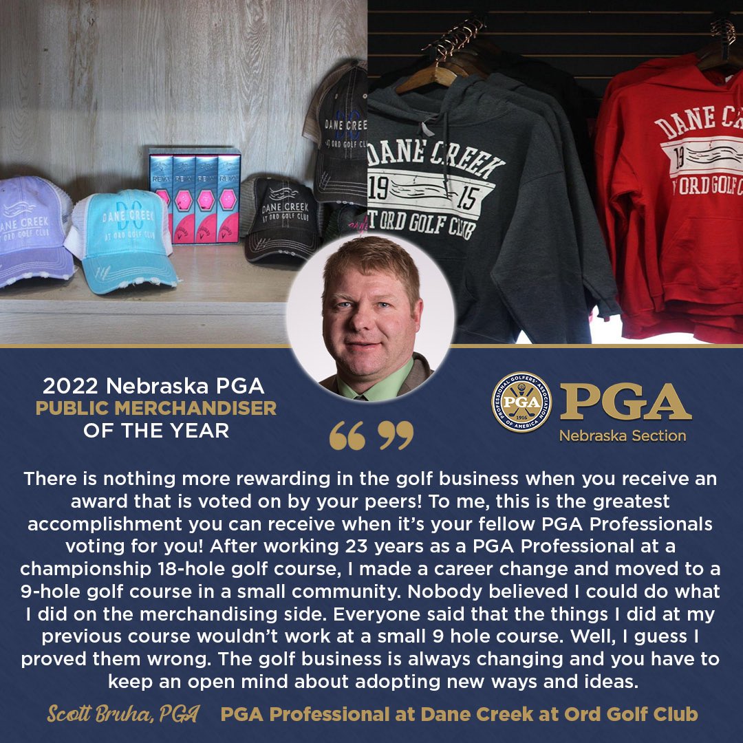 NebraskaPGA's tweet photo. Scott Bruha, PGA of Dane Creek at Ord Golf Club named 2022 NEPGA Public Merchandiser of the Year! 👏 

🔷First PGA Professional at Ord GC
🔷Increased merchandise sales from $3,721 in 2021 to $45,421 in 2022
🔷Overall total revenue up 87% in 2022

Congratulations Scott! 😄 https://t.co/yHXZZ39R85