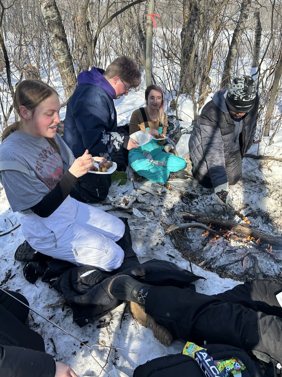 Cooking over an open fire - the best meal! Thanks to Ron Braden from Outdoor Ed! Snowshoeing a huge success! #regpublicschools