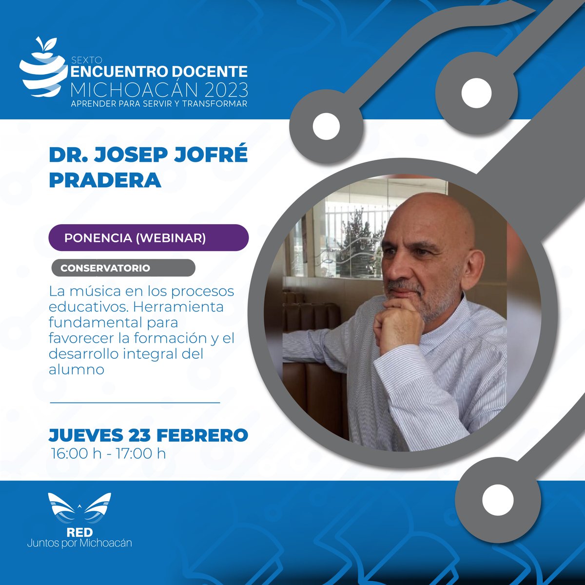 Conoce #sextoencuentrodocente
Docente en la Universidad de Guanajuato (DEMAE y Maestría en Artes), el Conservatorio de Música de Celaya y el Conservatorio de las Rosas (Morelia). Musicoterapeuta, es autor de varios libros y artículos relacionados con  la música.