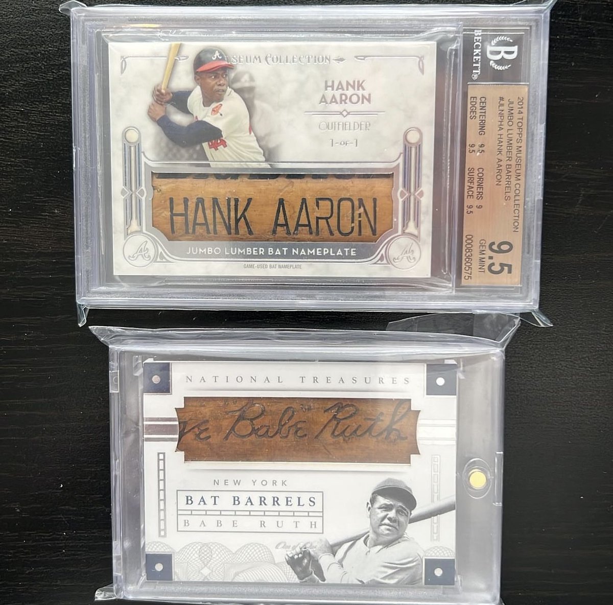 CardsBoulevard's tweet photo. Hank &amp; Babe game-used bat nameplate 1/1's https://t.co/e7XevzJMKQ