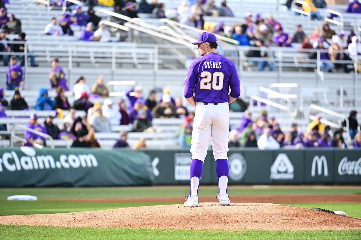 LSUbaseball's tweet photo. Skenes' first pitch is in for a 99.18 mph strike https://t.co/WraF5wAEcD