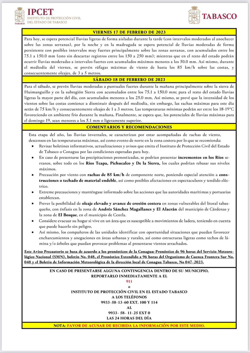 ProcivilTabasco's tweet photo. ☔️#AvisoPrecautorio II Por posibles lluvias intensas ante la presencia del sistema frontal N.33 sobre la entidad. 
Más detalles 👇🏼 https://t.co/43iTbAUkWD